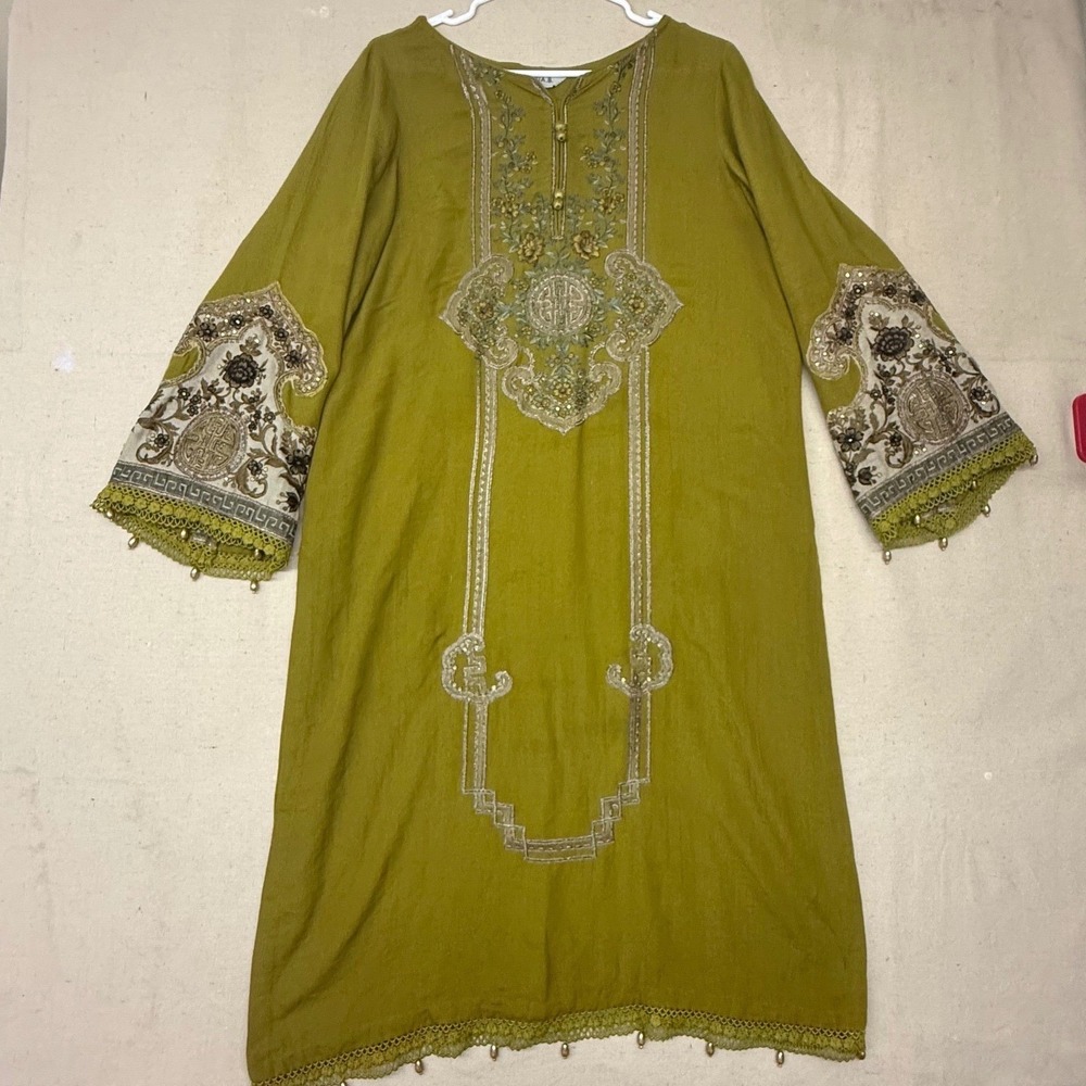 Maria B Olive Green Embroidered Kurta Tunic Women Medium Floral Sequin Lace Trim
